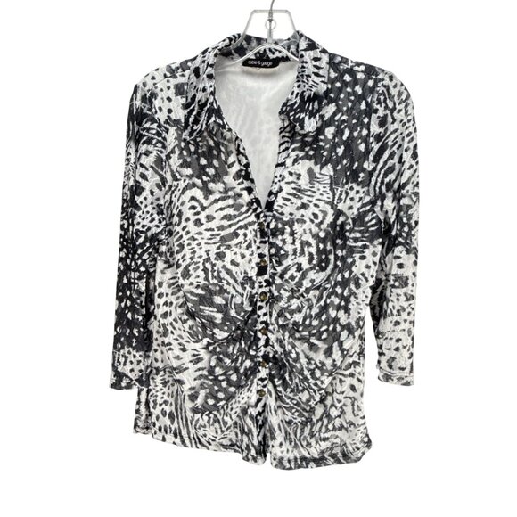 Cable and Gauge Button Down Shirt Black White Long Sleeve Animal Print Top S - Picture 2 of 9